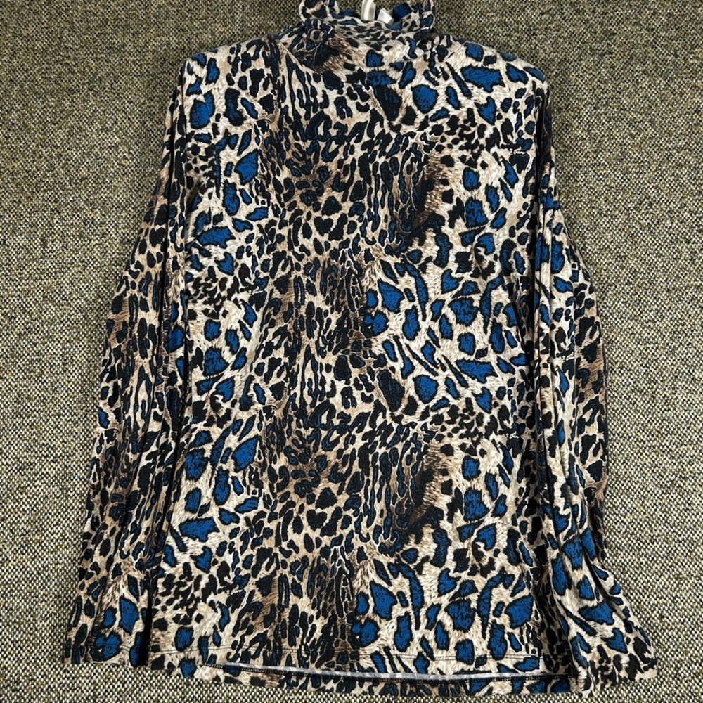 Kenneth Cole Reaction Mock Neck Top Womens Medium Blue Tan Leopard Animal Print